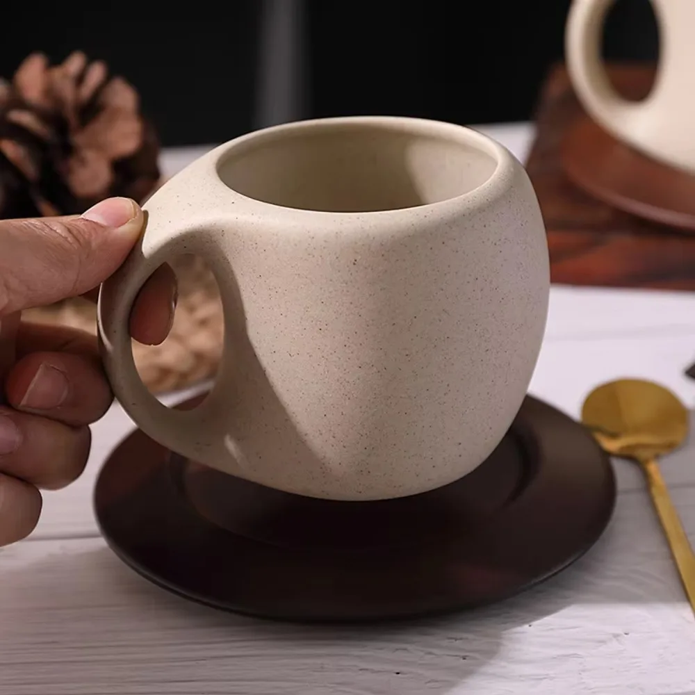 

Japanese Style Rough Pottery Modern Art Coffee Cup Rounded Handle Vintage Ceramic Tea Cup with Wood Saucer Matte