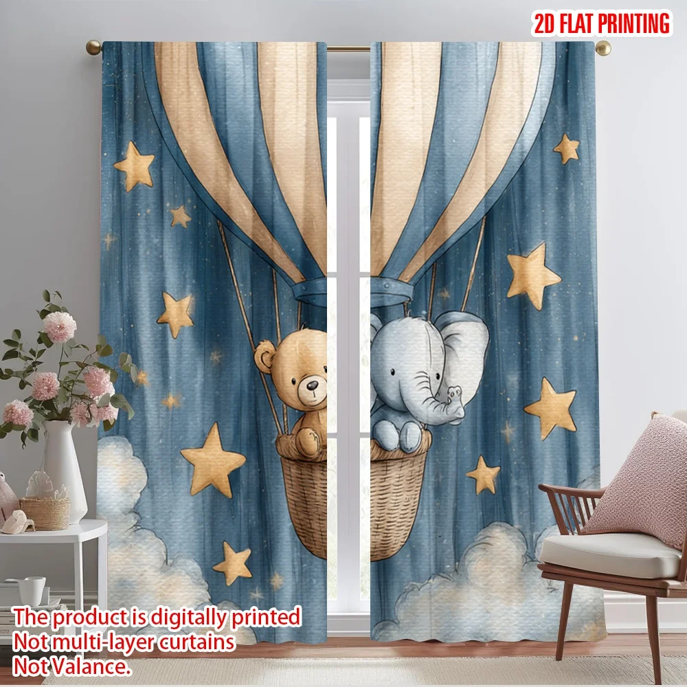 2pcs 2D flat printing Curtains Cute Bear Elephant Hot Air Balloon Polyester Without Electricity Festive Holiday Perfect for room