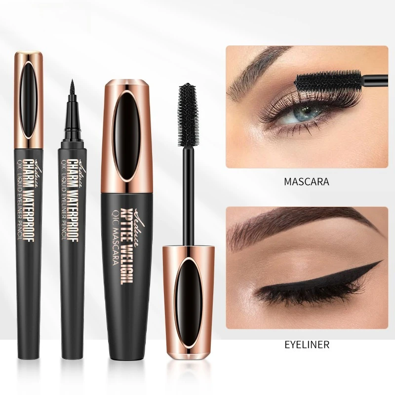 Professionele 2-in-1 Mascara en Eyeliner Set Volumizing 4D Verlenging Waterdicht Smudge Proof voor Natuurlijke Gekrulde Wimpers Make-up