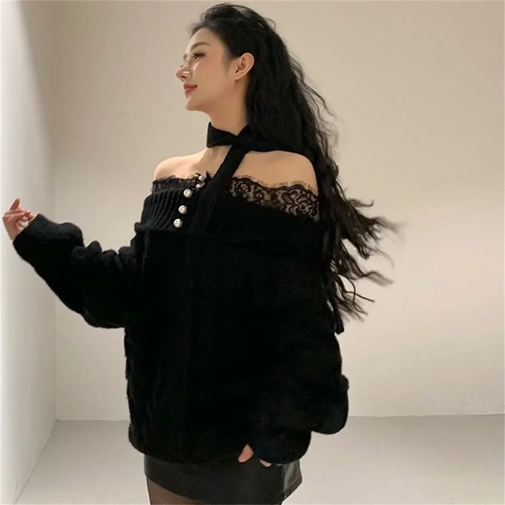 Sweter Kerah Slash Elegan Wanita Fashion Patchwork Renda Rajutan Pullover Gaya Korea Longgar Pakaian Rajut Musim Dingin Lengan Panjang Pullover