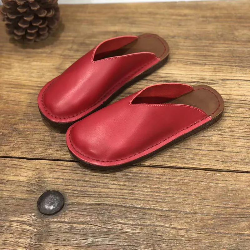 Japanese  Korean Style Retro Leather Women\'s Slippers Cowhide Flat Women\'s Sandals Summer Women\'s Shoes Muller shoes red brown