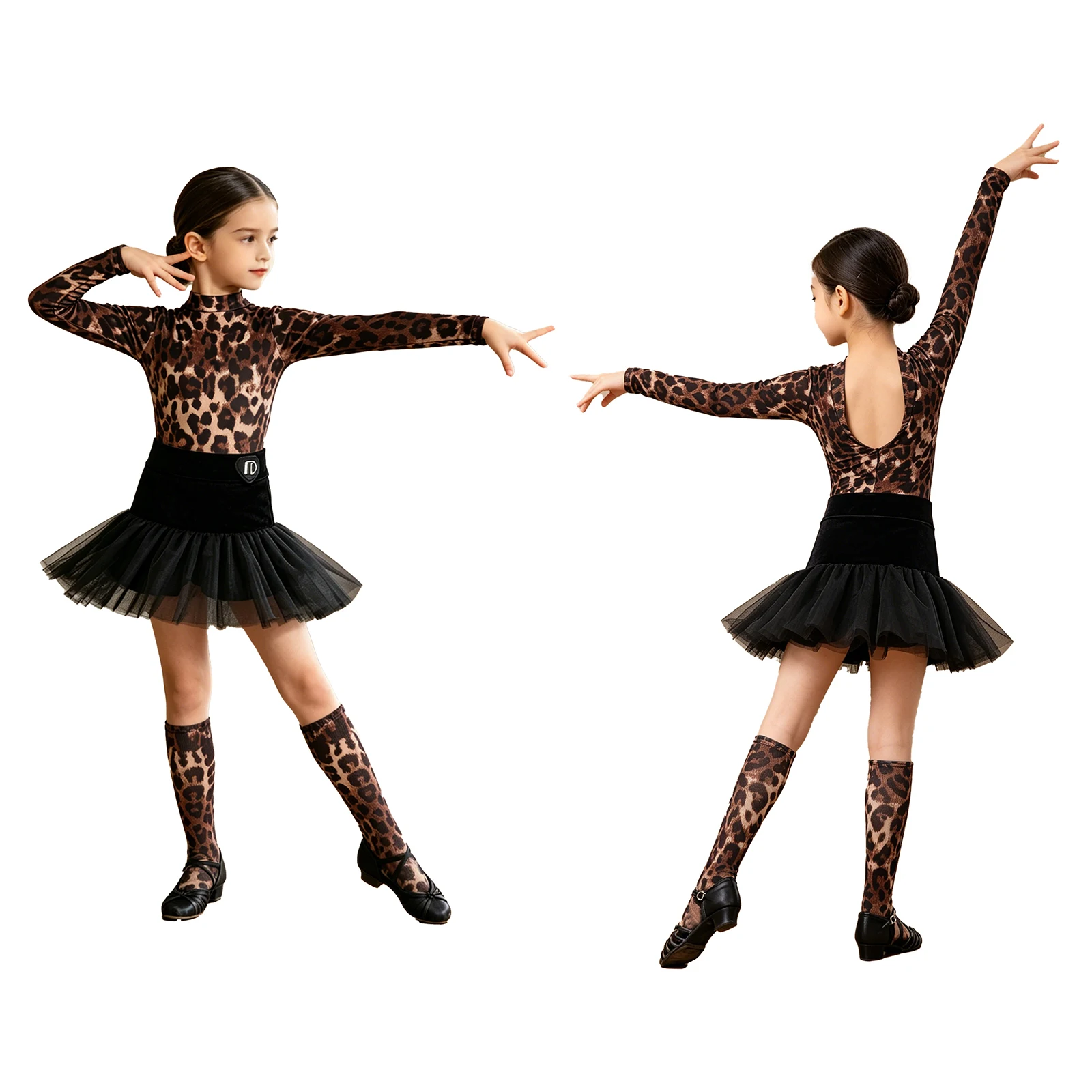 

Girls Leopard Print Leotard V Back Long Sleeves Thumbholes with Tulle Ruffle Skirt and Socks for Latin Ballet Dance Competition