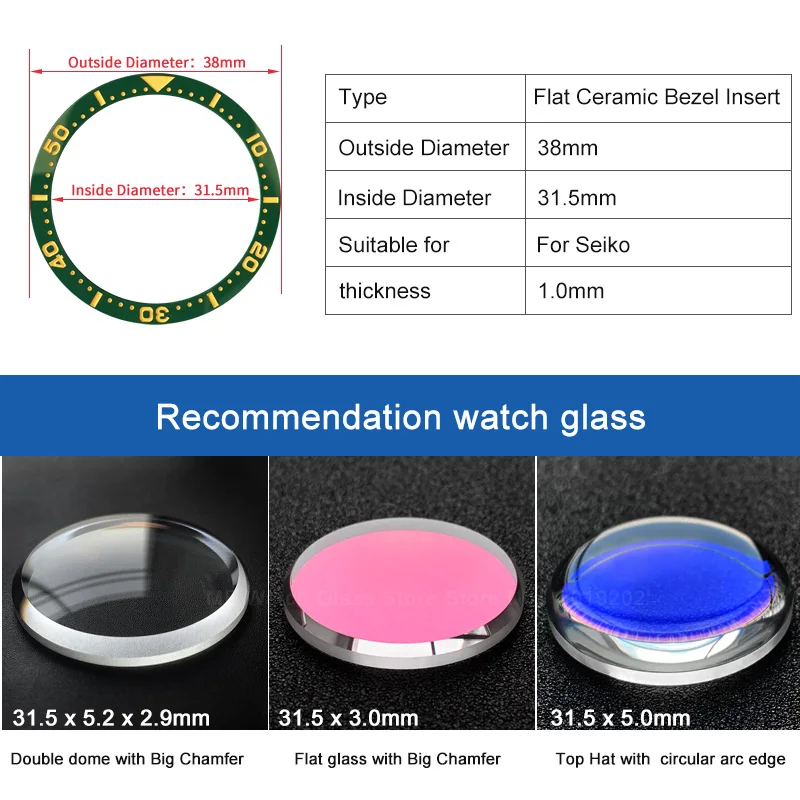 Flat Ceramic Bezel insert 38*31.5mm  Luminous  pip at 12 For SKX007 SRPD SKX009 watch parts