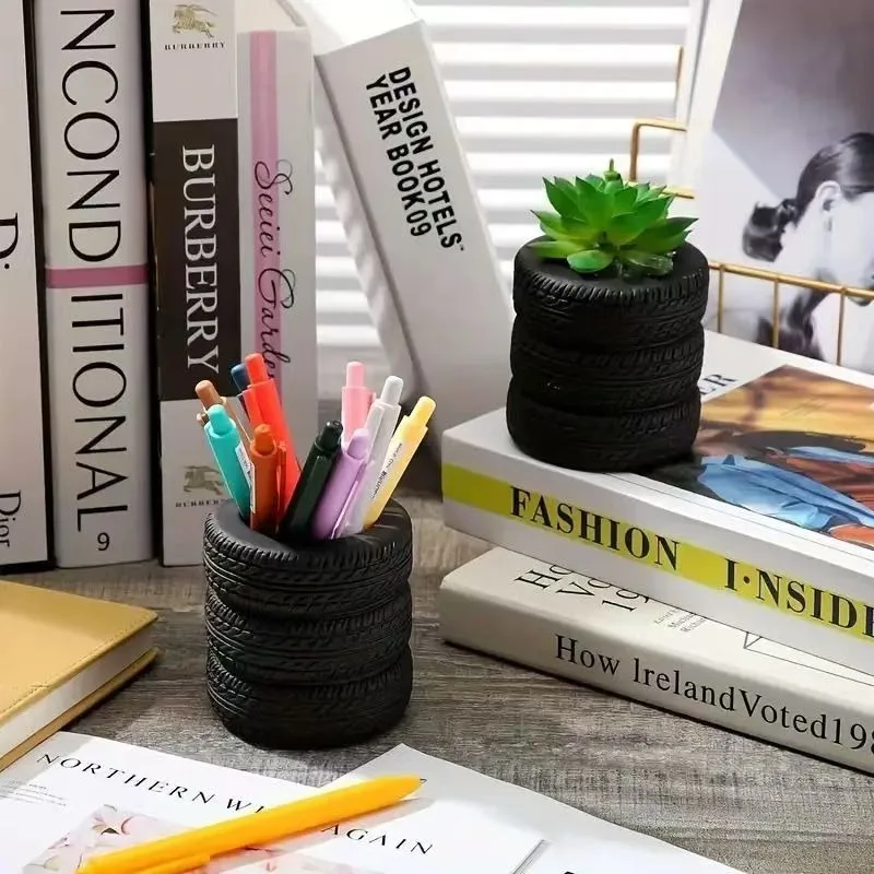 1Pc Fun Tire‑Shaped PVC Pen Holder, Painted Finish Desk Organizer, Ideal for School & Office Supplies