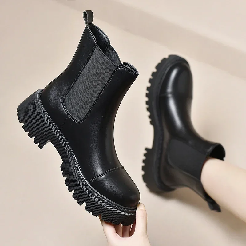 Chelsea Boots damskie platformy nowe wsuwane krótkie buty damskie modne antypoślizgowe jesienne zimowe czarne skórzane damskie botki