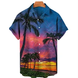 Men's Summer Sunset Floral Hawaiian Short Sleeve Shirt Casual Social Original Beach Vacation Goth Harajuku Luxury Y2k Clothing