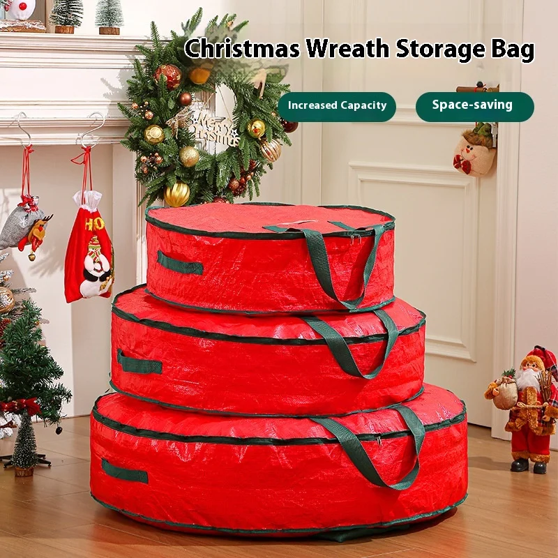 

Christmas Wreath Storage Bag, Round Foldable Zippered Storage Case with Handles for Garland, PE Organizer Box for Holiday Decor