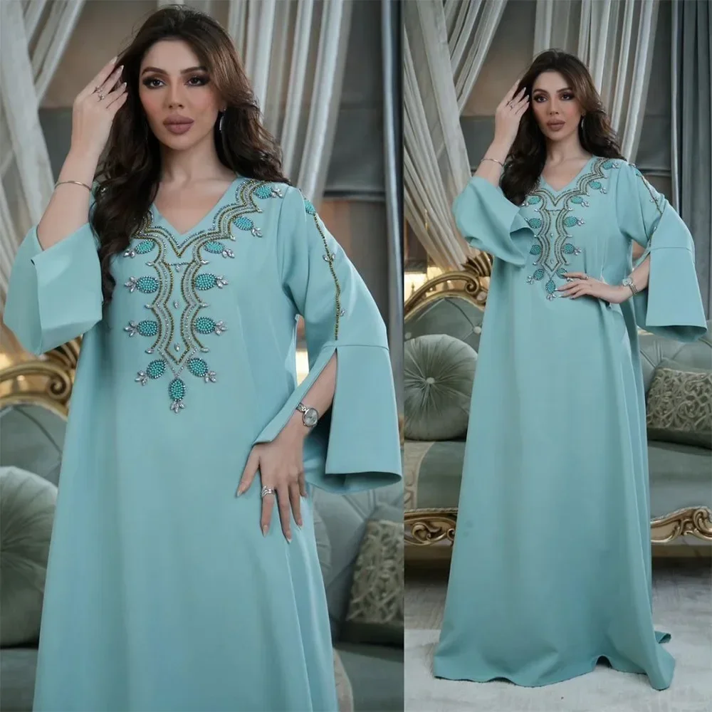 Diamond Casual Arabian Dubai Abaya Loose Muslim Dress Women Party Holiday Long Sleeve Daily Dress Kaftan Femme Musulman Caftan