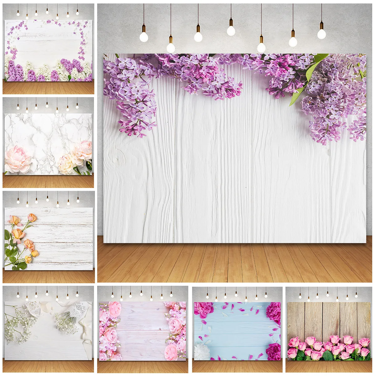 Wooden Boards Decoration Flowers Photography Backdrops Custom Floral Hyacinth Lily Tulip Plank Birthday Studio Photo Backgrounds