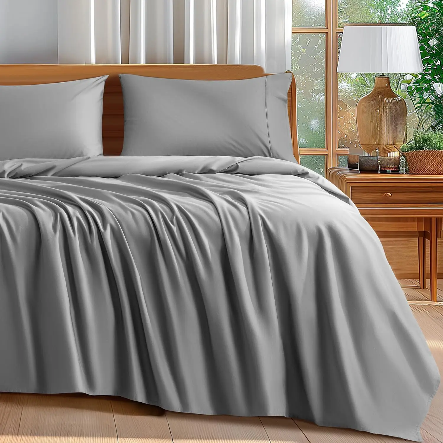 

100% Cotton Queen Size Sheets Set - 600 Thread Count,Breathable & Cooling, 16 Inch Deep Pocket - 4 Piece (Grey, Queen)