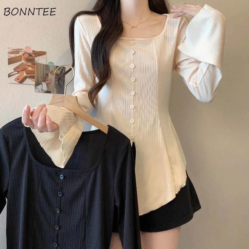 

T-shirts Women Flare Sleeve Tops Simple Ins Korean Style Spring Autumn High Street Chic Fashion Solid O-neck Minimalist Daily