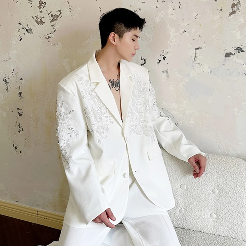 IEFB White Men\'s Blazer New Trendy 2024 Autumn Hhandmade Sequin Embroidered Suit Jacket Single Breasted Men Wear Loose 9C7241