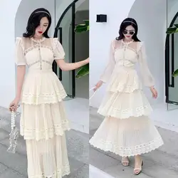 Quality New Summer Holiday Long Chiffon Cake Dress Women Short Sleeve Lace Embroidery Prom Evening Party Dresses White