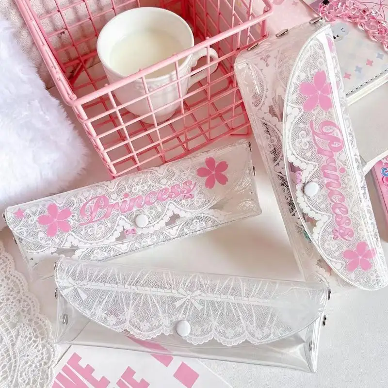 New Y2K Retro White Lace Bow Print Clear Pencil Case Daily Study Transparent Stationery Bag Pen Case Multi Functional Makeup Bag