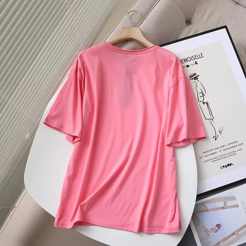 

Withered Summer Tshirts Casual Fashion Pink Color T-shirts Women Nordic Minimalism Round Neck Loose Tops