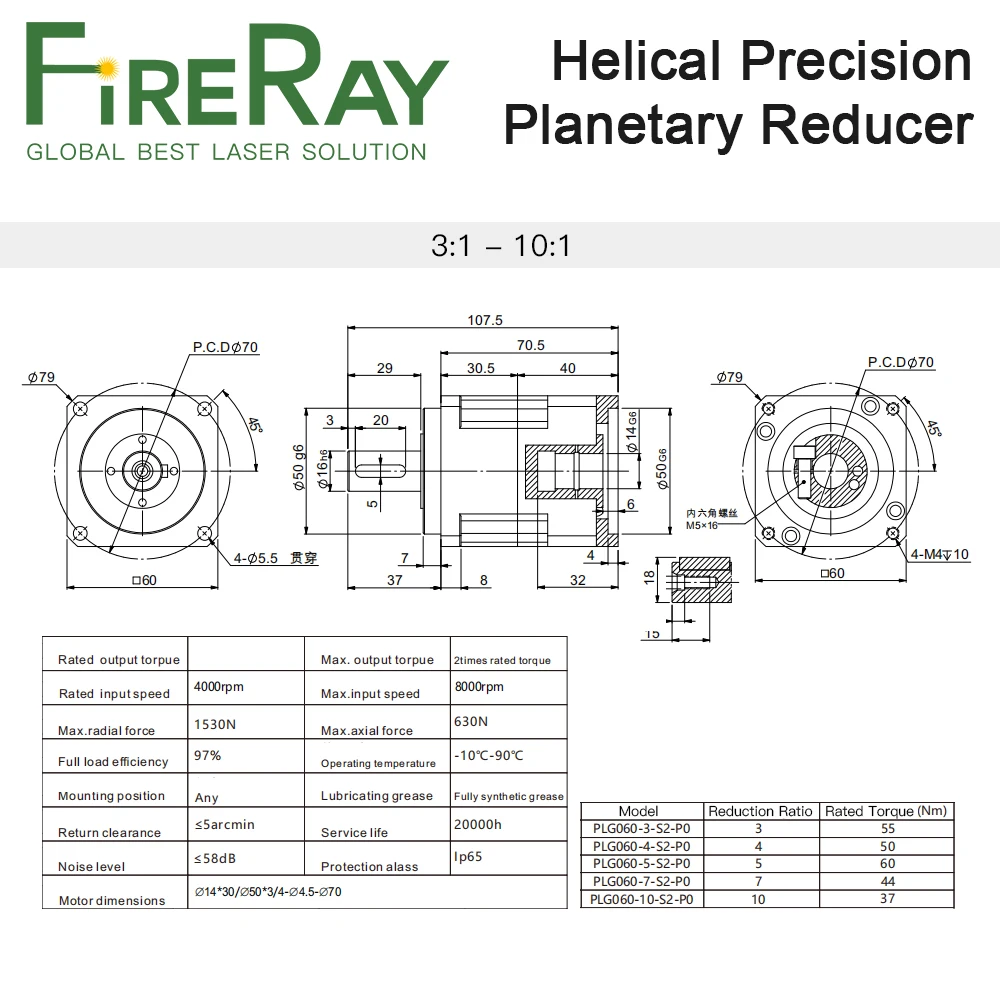 Imagem -03 - Relação 3:170 da Caixa de Engrenagens do Redutor Plg060 Planetário do Dente Helicoidal de Fireray: Motor 4000rpm da Engrenagem da Elevada Precisão