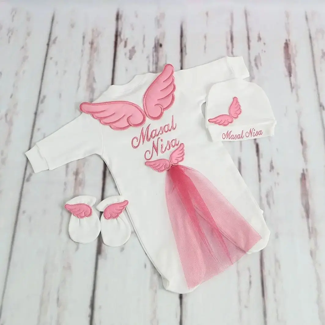 Dollbling Hospital Exit 3pcs Embroidery Name Newborn Angle Wings Romper Blanket  Nursery Bedding Swaddle Handmade Infant Outfit