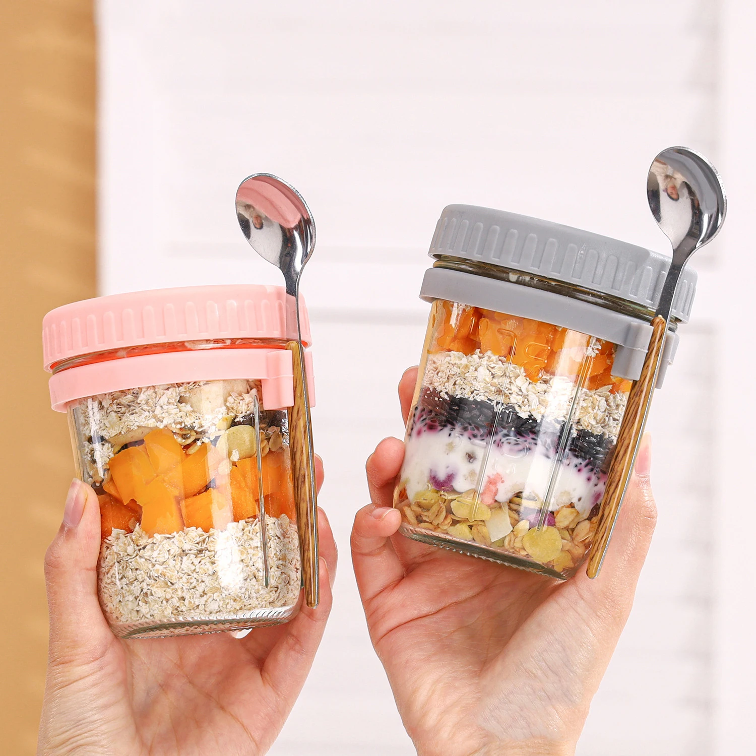 Portable Overnight Oat Glass Cup with Fork Milk Fruit Salad Food Storage Jars Cereal Breakfast Cups Water Bottle Kitchen Item