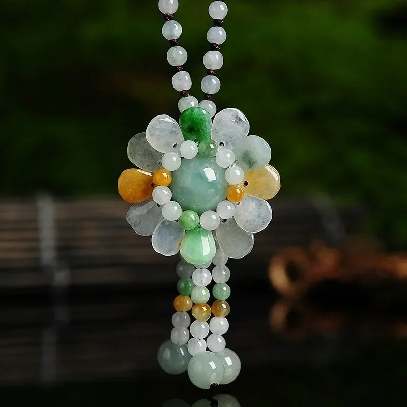 Jade Myanmar Jadeite A-grade Sunflower Pendant Necklace Round Beads Sweater Chain Women's Jadeite Jewelry Pendant