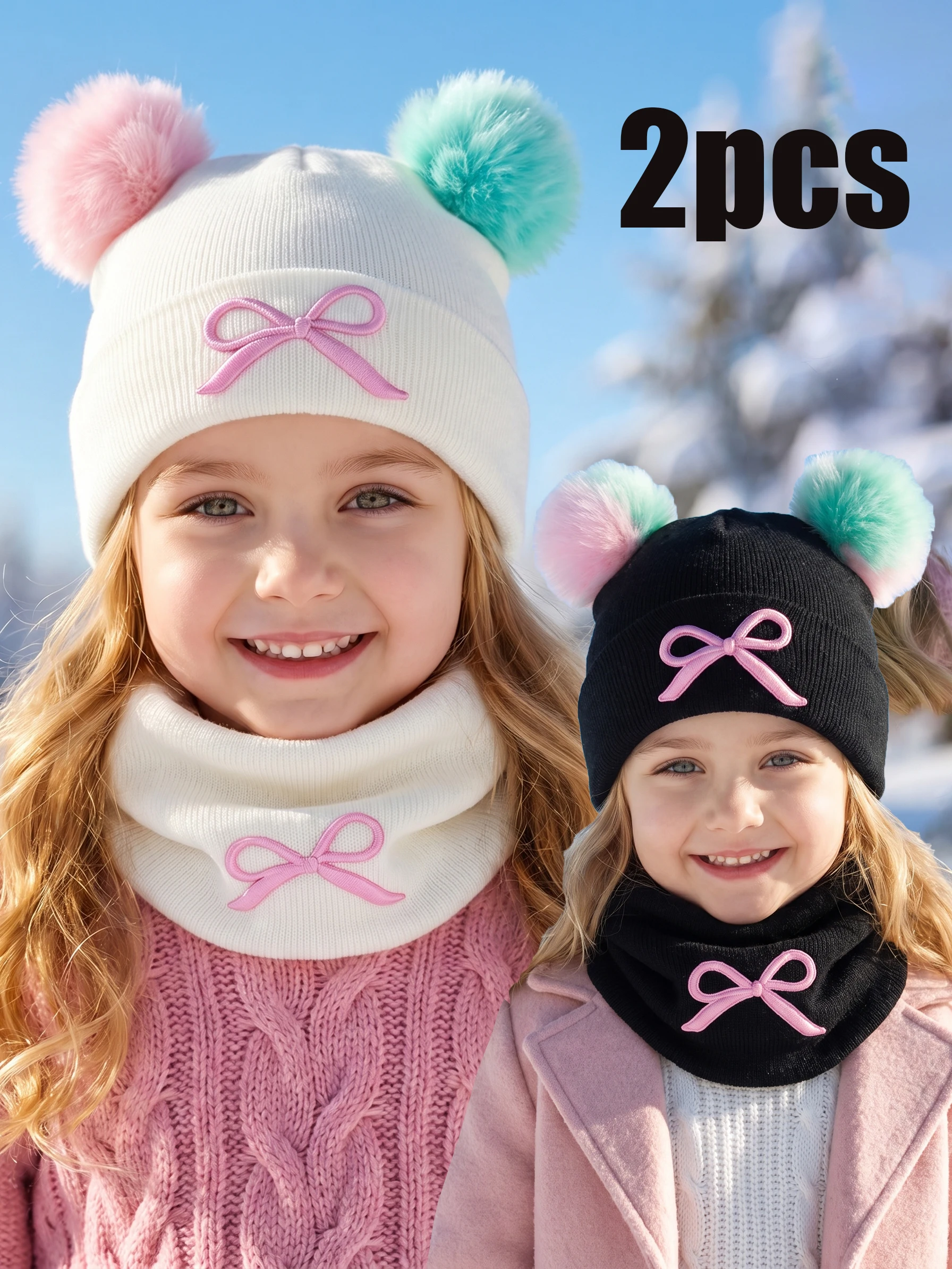 2pcs 6-10Y Kids Girls Cute Color Pom Pom Knit Hat & Neck Warmer Set, Embroidered Bow 2Pcs Knitted Accessory Kit