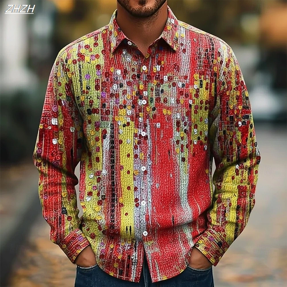 Camisa masculina de manga comprida com estampa de pontos coloridos, gola abotoada abstrata 3D, estilo casual da moda, primavera outono roupa diária
