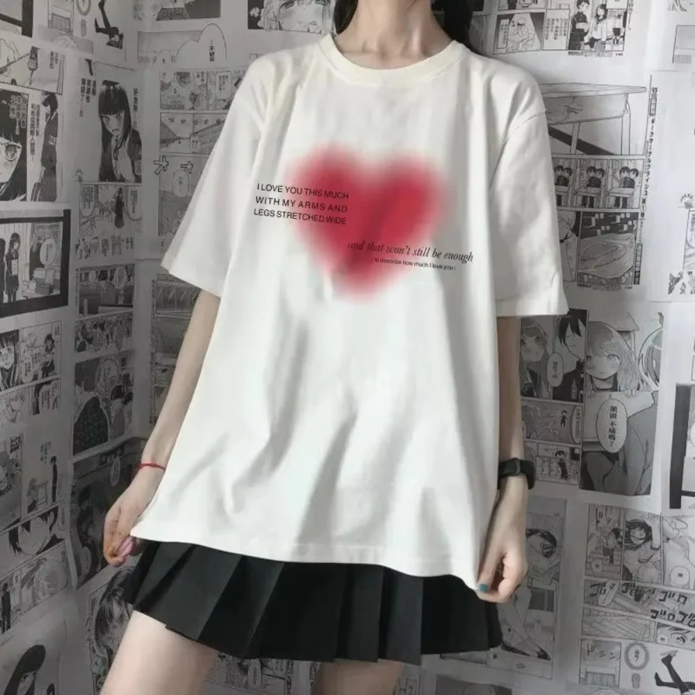 

Kawaii женская футболка Harajuku с милым сердечным принтом, хлопковые топы с буквами в стиле аниме, летние футболки с короткими рукавами, эстетичная женская одежда