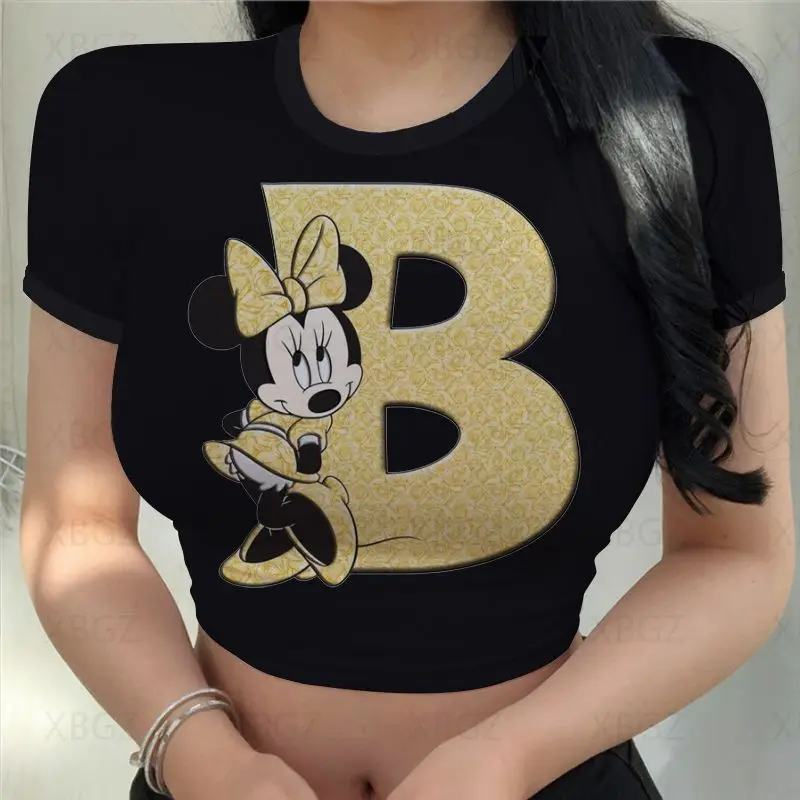 Disney Minnie Mouse 2022 Women's T-Shirt Cartoon Crop Top ABCD Letters Print T-Shirt Y2K Women's Clothing Sexy Fashion Oversized