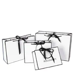 Luxury Custom Your Own Logo Paper Packaging Bags Large Black Trim White Paper Shopping Gift Bags With Bow Ties & String Handles