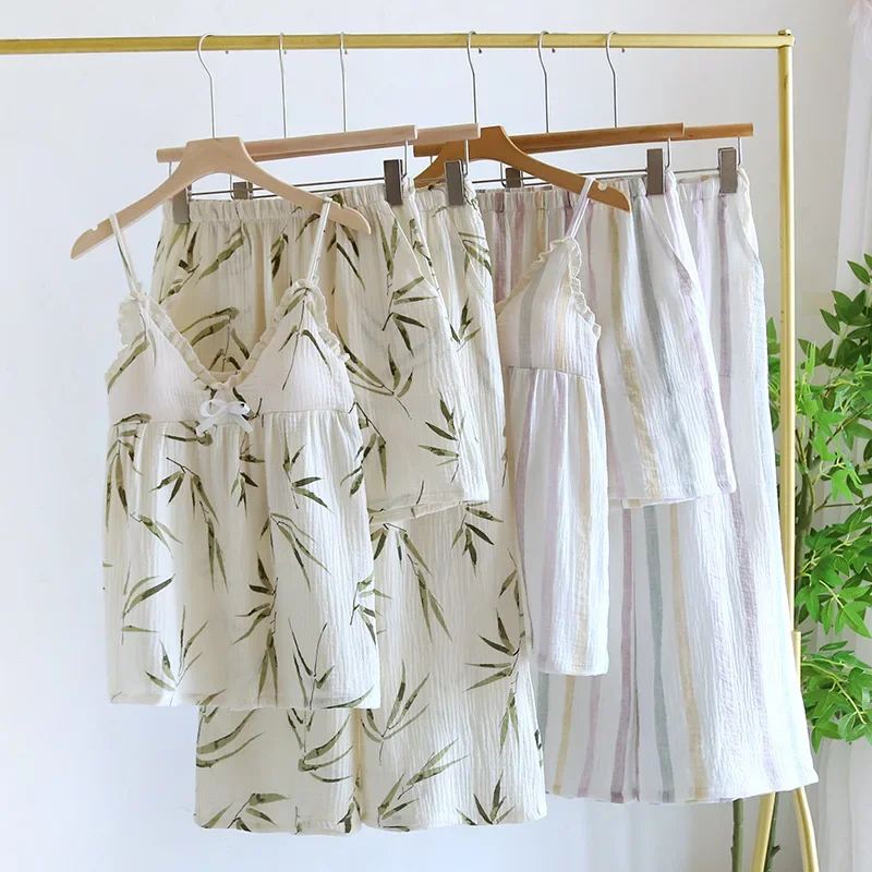 

Женский пижамный комплект из трех предметов, женское летнее новое поступление, ночная рубашка без рукавов, одежда для сна с цветочным принтом, ночная рубашка из чистого хлопка, свободная домашняя одежда