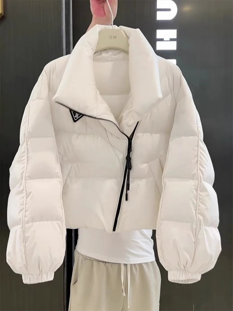 2025 nova moda branco para baixo jaqueta feminina inverno curto acolchoado casaco quente fino ajuste