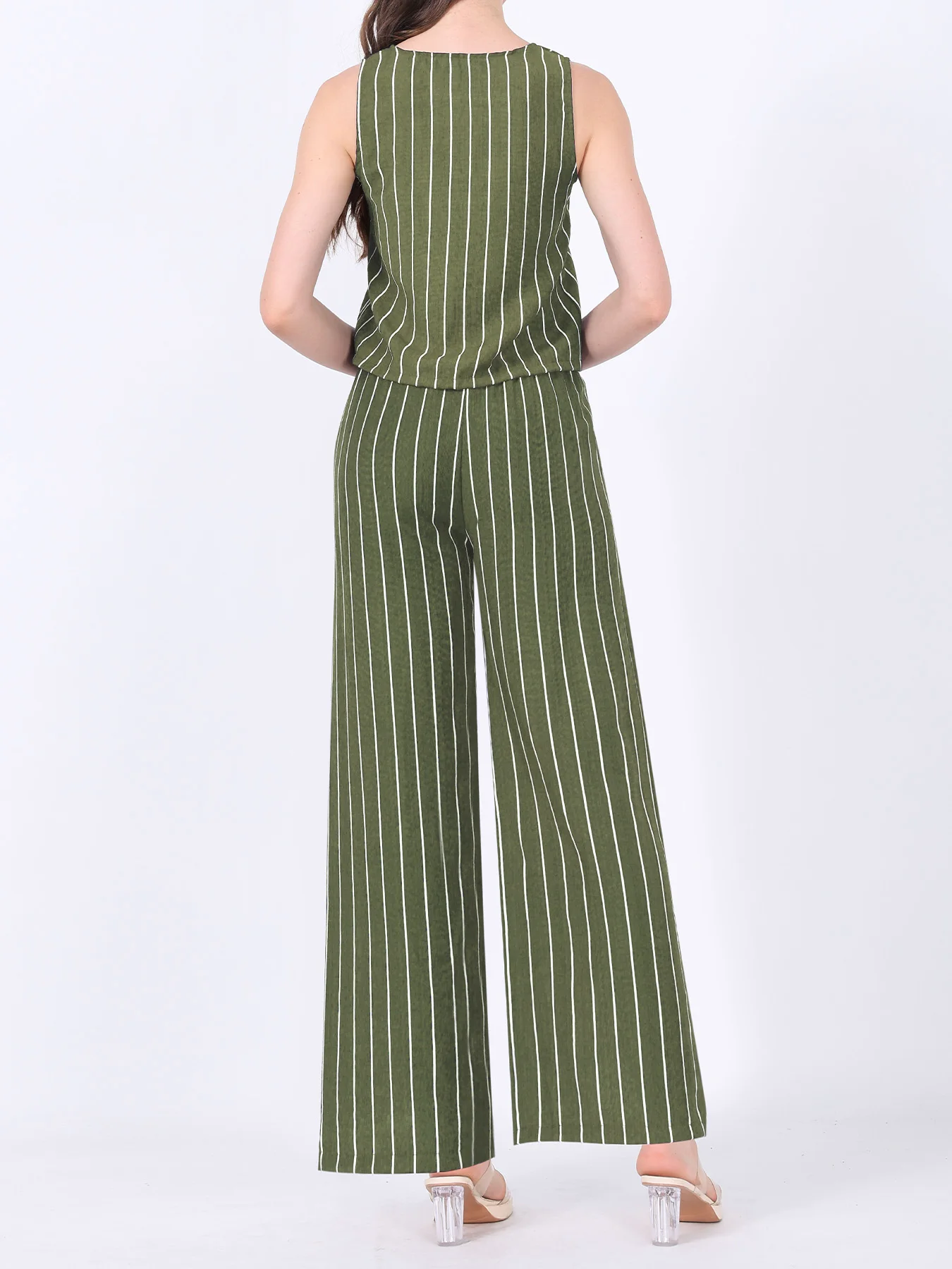 Gestreiftes zweiteiliges Outfit für Damen, ärmelloses Tanktop mit Knöpfen und elastische Hose mit weitem Bein und Kordelzug, lässiger Urlaubskostüm – Detail 36
