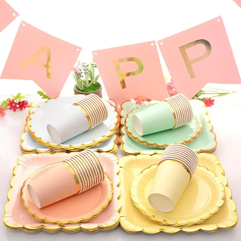 Disposable Tableware Paper Plate Lace Cups Hot Stamping Lace Paper Plates Wedding Happy Birthday Party Supplies Baby Shower