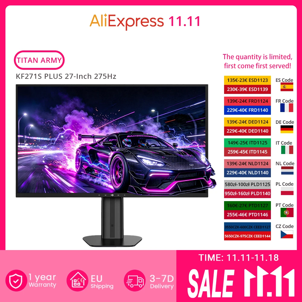 TITAN ARMY KF271S PLUS: 27-inch flatscreenmonitor met 16:9-bereik, snelle IPS-technologie, QHD-resolutie, 240 Hz (overclocked tot 275 Hz), 2560×1440, 1 ms GTG-responstijd, HDR400, in hoogte