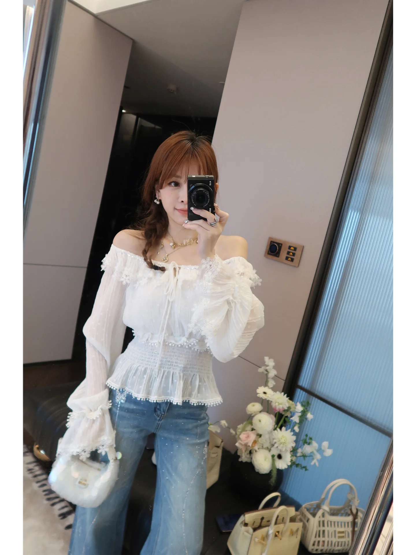Heavy Duty Rhinestone Slimming Long Straight Leg Jeans Women's High Waist Cotton Stretchy Micro Flared Denim Pants