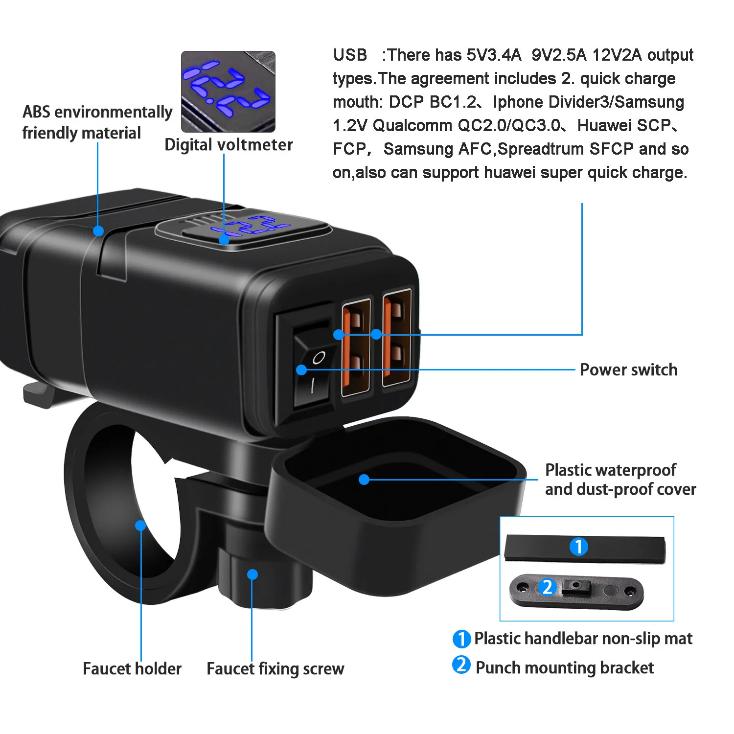 Chargeur USB QC3.0 pour moto, cellule étanche, chargeur rapide, prise USB avec voltmètre, accessoires de moto