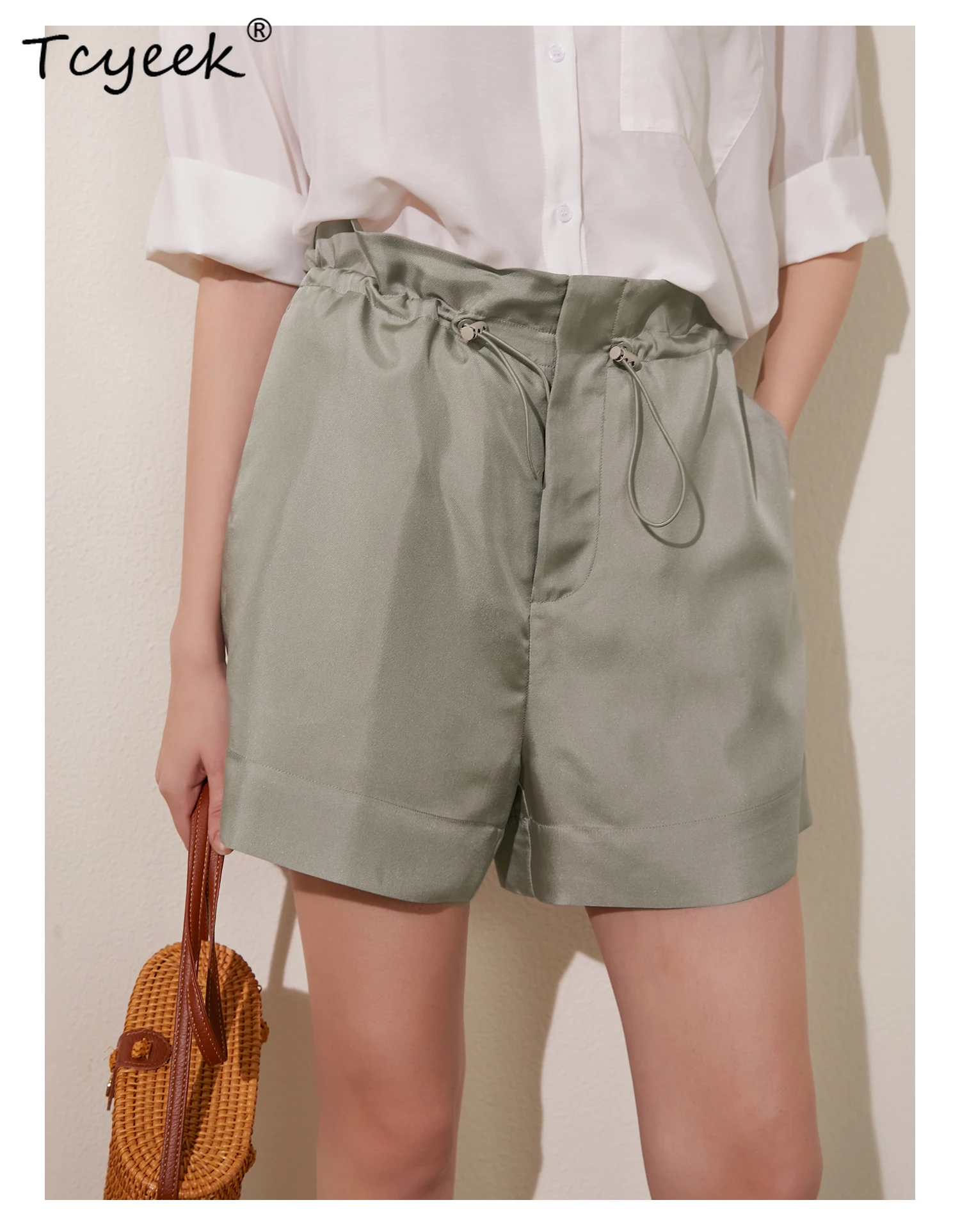 

Tcyeek 22 мм, элегантные шорты из 100% натурального шелка, женские повседневные короткие брюки с эластичной резинкой на талии, летние B437110QM