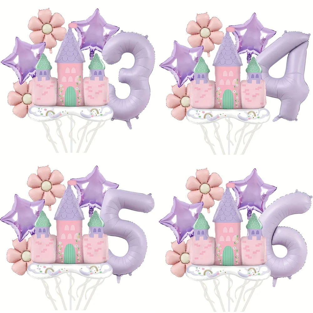 1 Juego de globos con números morados de 40 pulgadas, globo de Castillo de princesa, globo de margaritas y flores para decoración de fiesta de cumpleaños con tema de princesa y Castillo