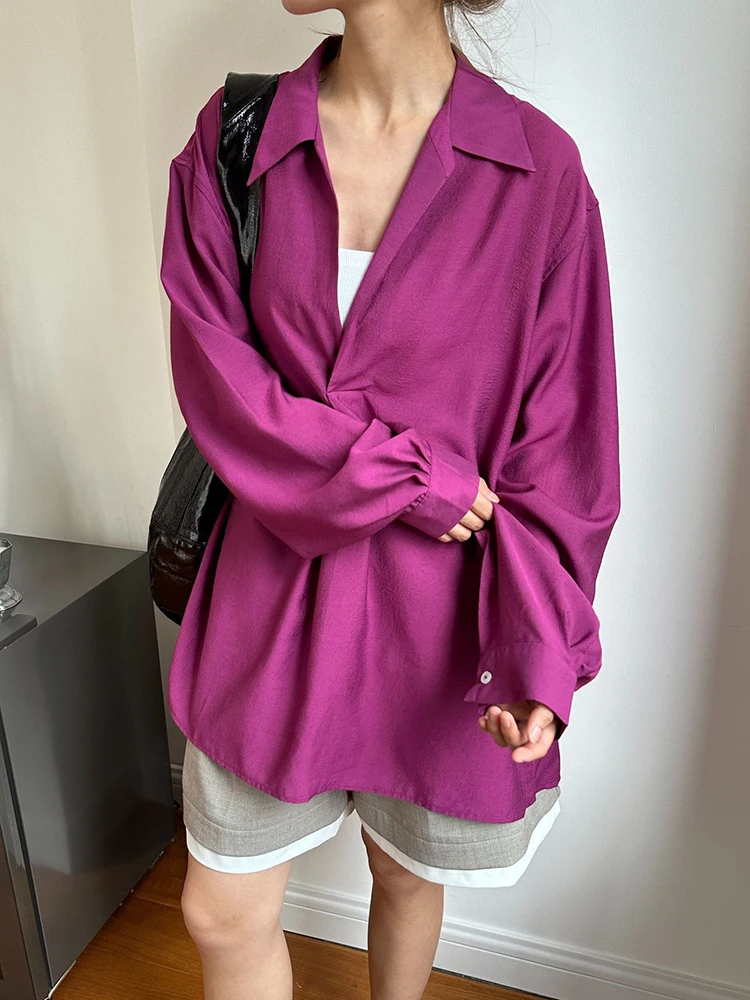 [EAM] Women Purple Perspective Big Size Thin Blouse New V-Neck Long Sleeve Shirt Fashion Tide Spring Autumn 2024 1DH5617