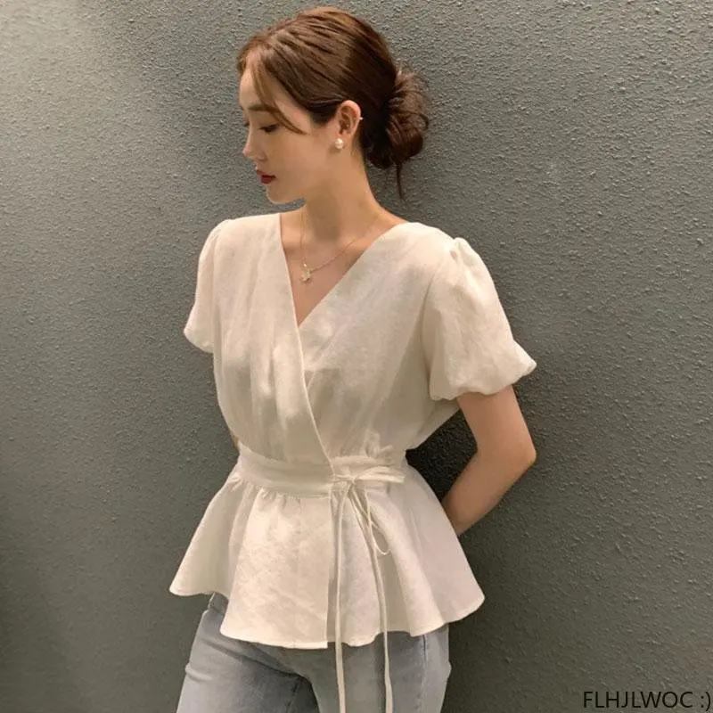 Korea Chic Peplum Tops Blusas 2023 Women Flhjlwoc Lace-Up Slim Waist Belly Design Ruffled V Neck Solid Black White Blouse