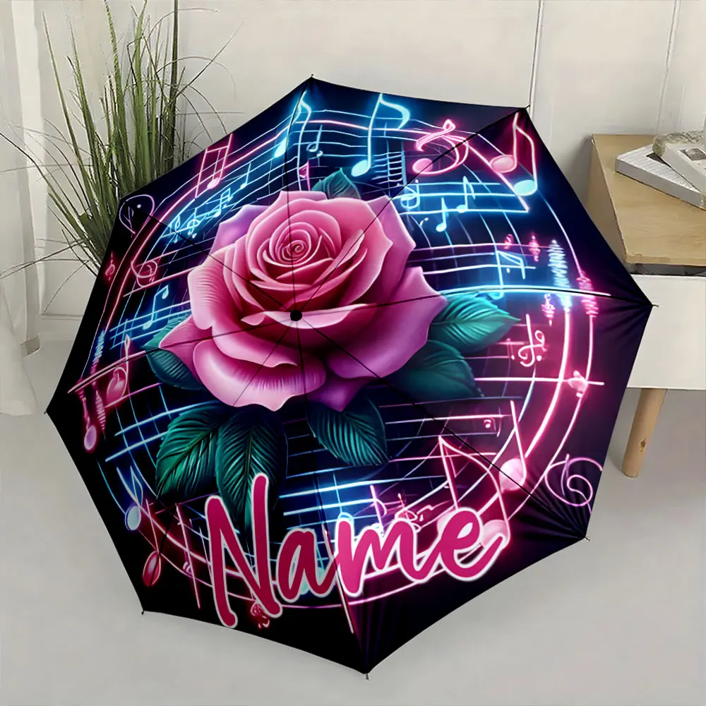 Custom Name Music and Rose-Themed Umbrella Design 8 Iron Ribs Folding Umbrella Auto-Open Fashionable Sunshade Deluxe Gift
