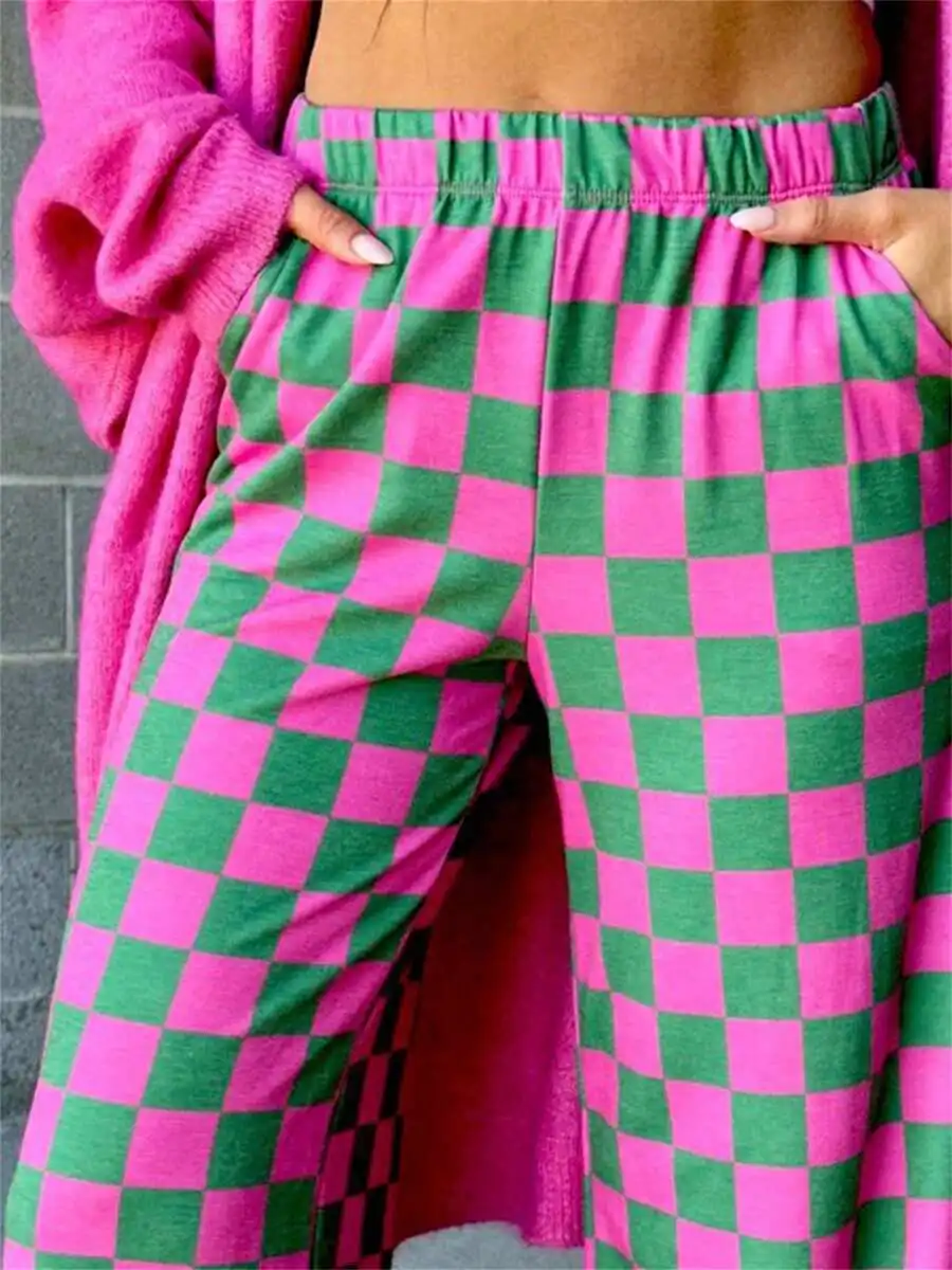 

Women Wide Leg Checkerboard Elastic Waist Loose Casual Pants Spring Summer