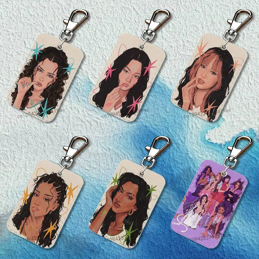 

K-Katseye Gnarly Group Rectangle Card Case Leather Card Holder Keychain Key Ring Transportation Card Case