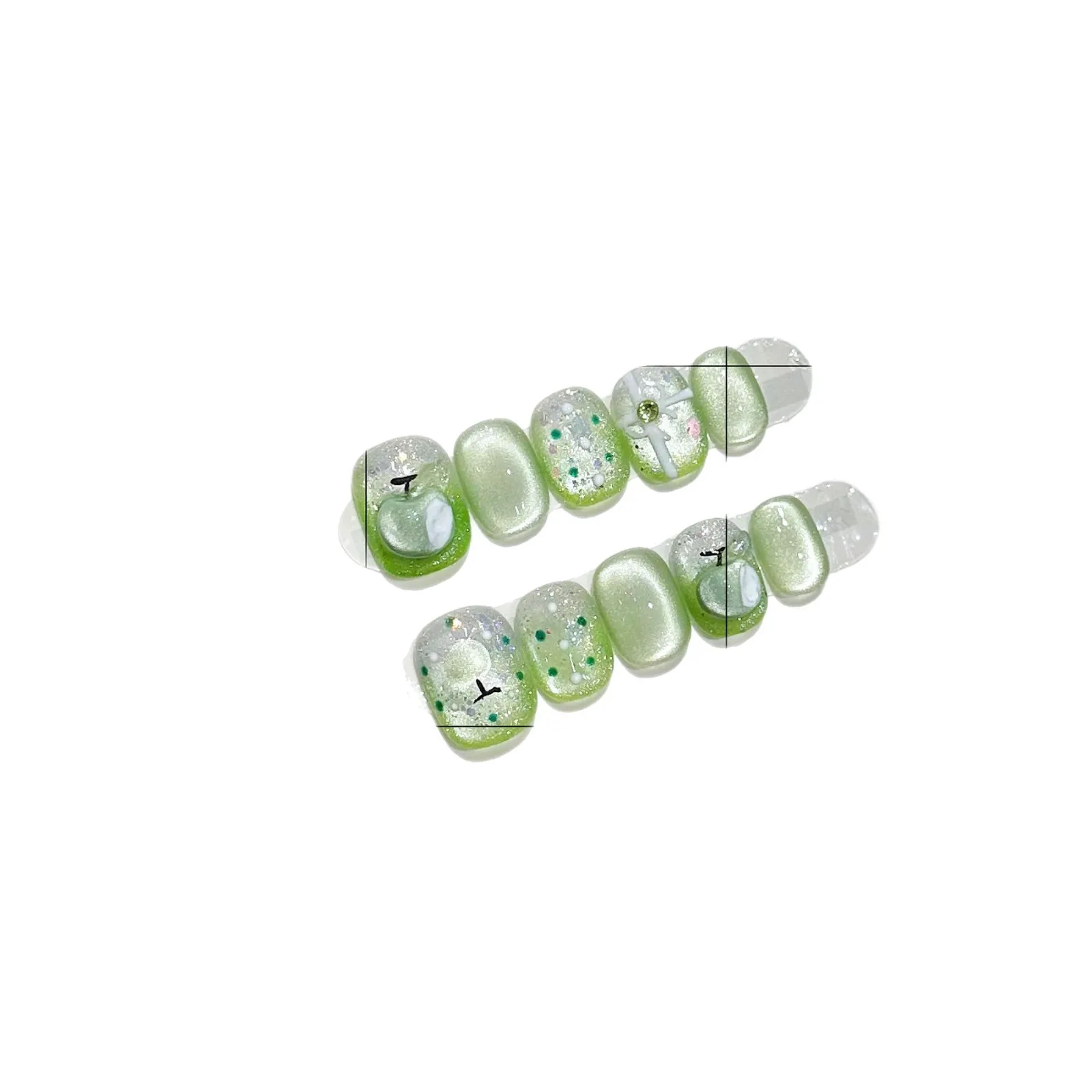

10pcs Summer Apple Press-On Nails- Green Glossy Oval Short False Nails with 3D Fruit Designs Fake Nails for Wedding Party Wear