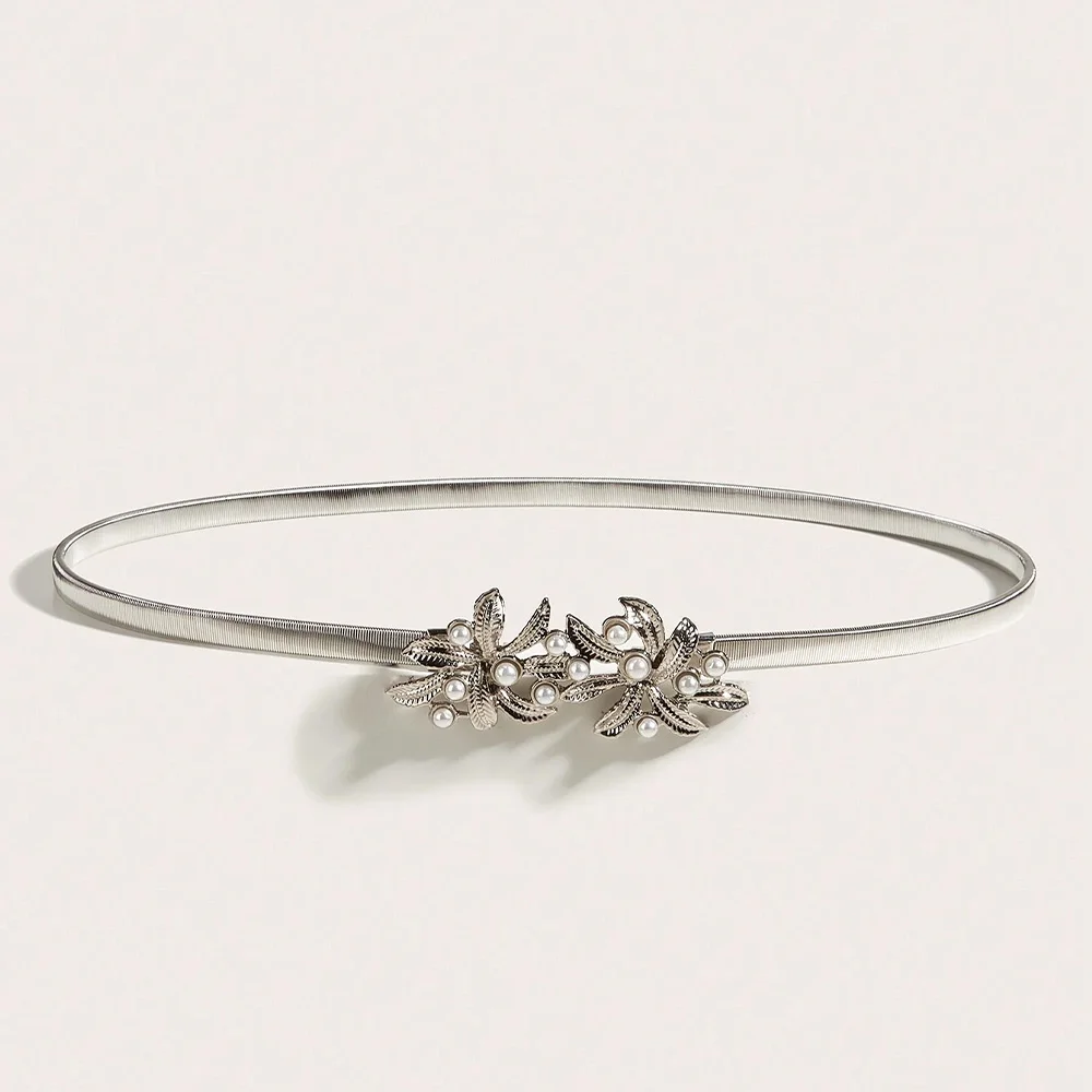 موضة الخصر الذهب حزام على شكل سلسلة أنثى لؤلؤة مطاطا أحزمة معدنية فضية للنساء مصمم Y2K حزام مطاطي غربي فاخر #6