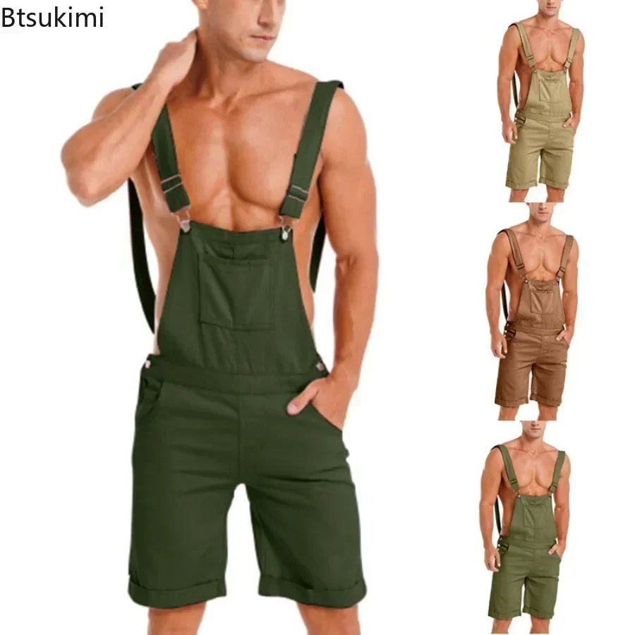 Fashion New Men\'s Vintage Overalls Jumpsuit Cargo Work Short Pants Summer Loose Casual Romper Men Bib Stitch Trousers Streetwear