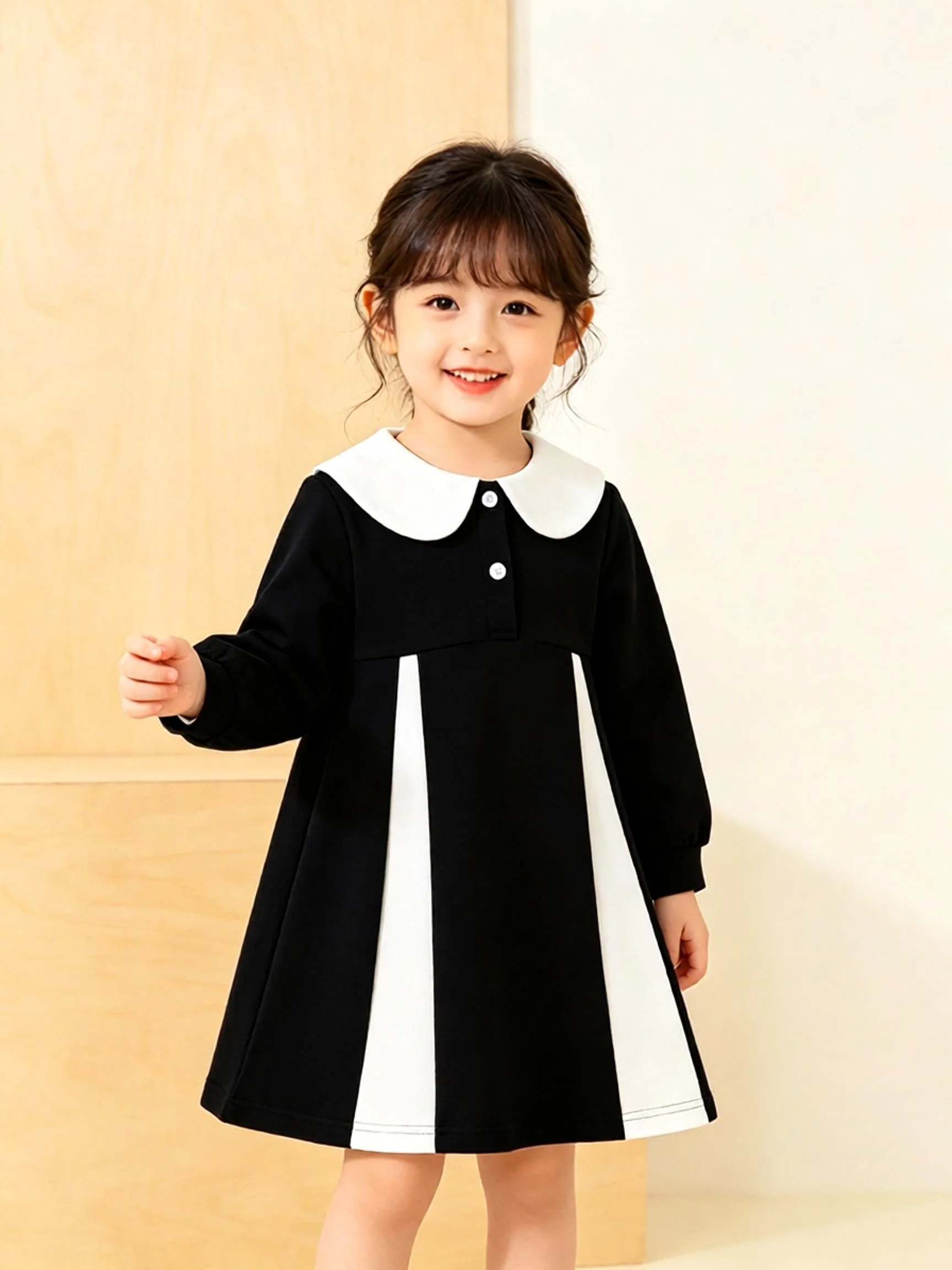 Girls Long Sleeve Midi Dress with Lapel Half Button Fitted Waist And Tiered Hem Modest Spring Autumn Ramadan Eid Dress