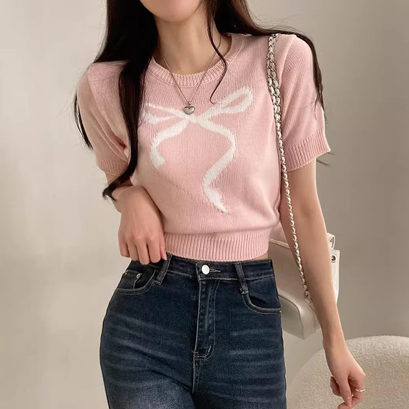 Kimotimo Summer Bow Print Short Sleeve Sweater Women Korean Chic Sweet O Neck Slim Fit Y2k Knit Tops Fashion All Match Pulls