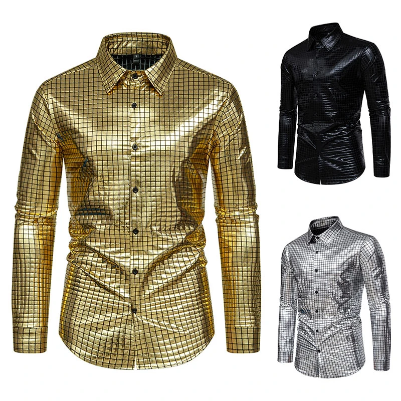 2024 New Men's Gold Plaid Shirt Men's Fashion Stagewear Banquet Long Sleeve Shirt Gold Silver Shirt Partywear