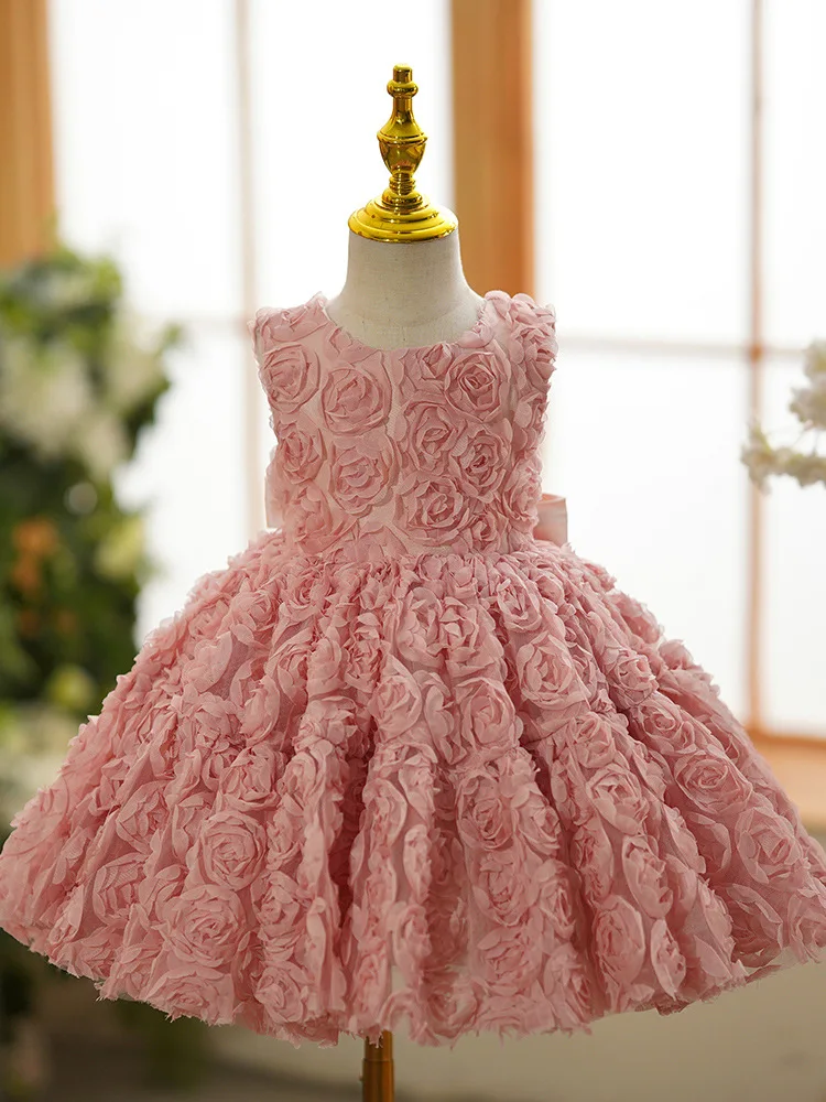 Vestido de princesa sem mangas para bebês, doces vestidos encantadores, flor rosa, vestido formal para aniversário, 1 a 6 anos de idade