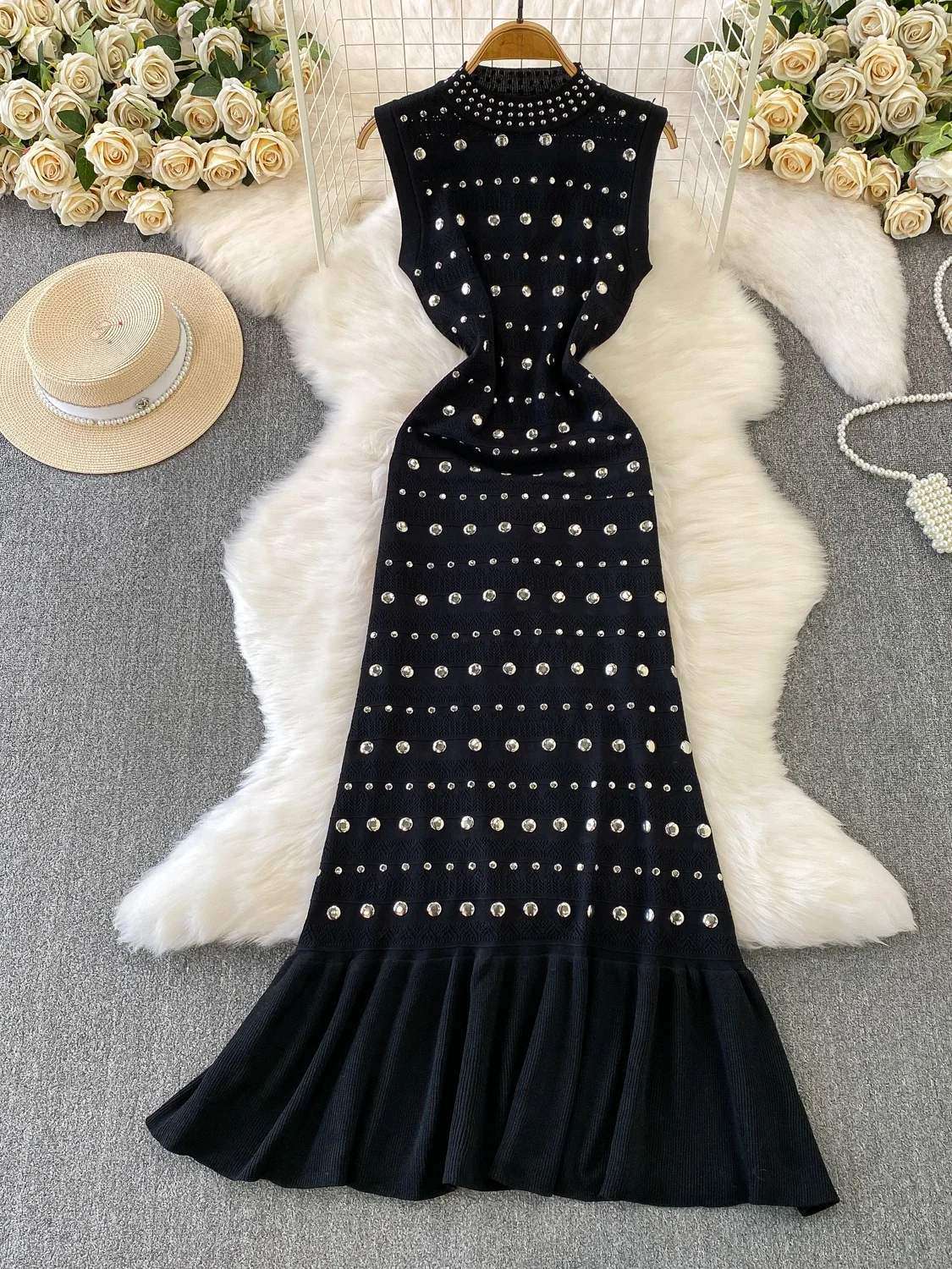 

Hollow out Knitted round Ne Svel Dr Ele Fi Tail Long Dr for Women Heavy Embelliment Ci Commute